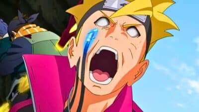 boruto rage avec mugino en fond qui meurt